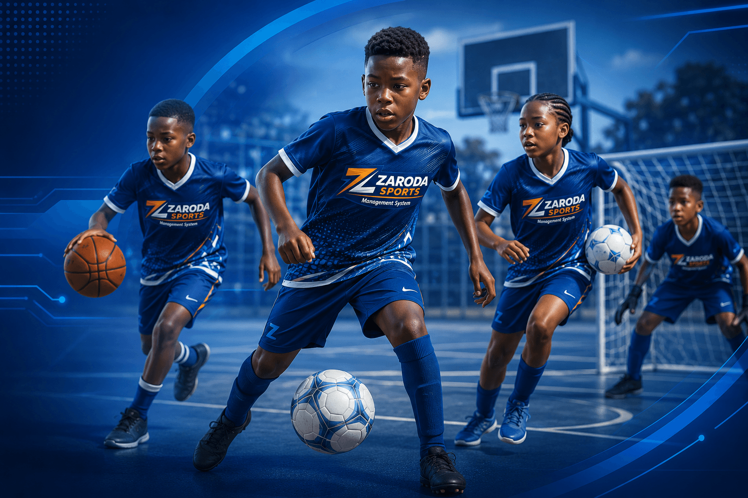 Young athletes in Zaroda Sports jerseys competing in basketball and football
